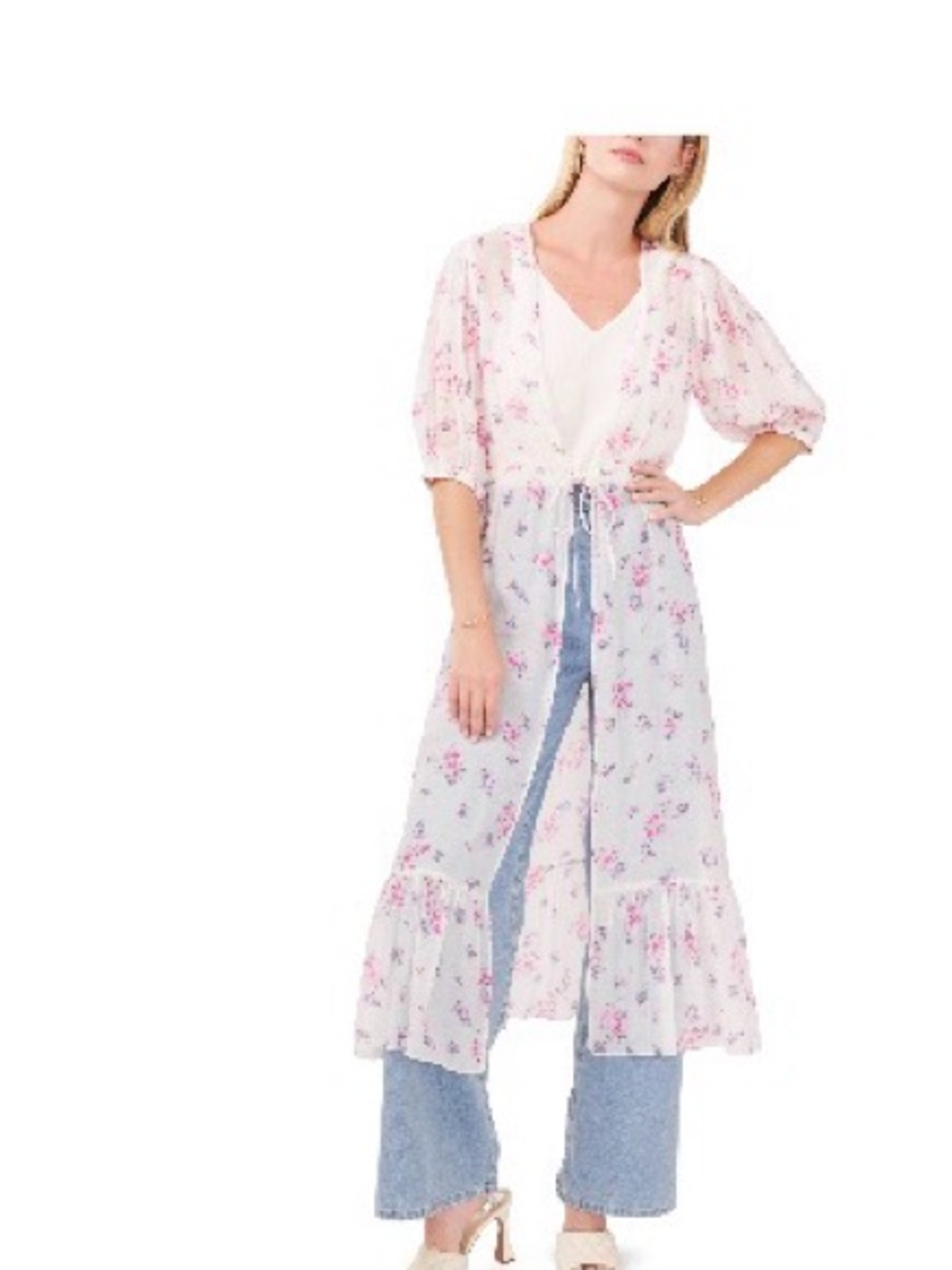 Vince Camuto White Maxi Kimono Dress with Pink Floral Print